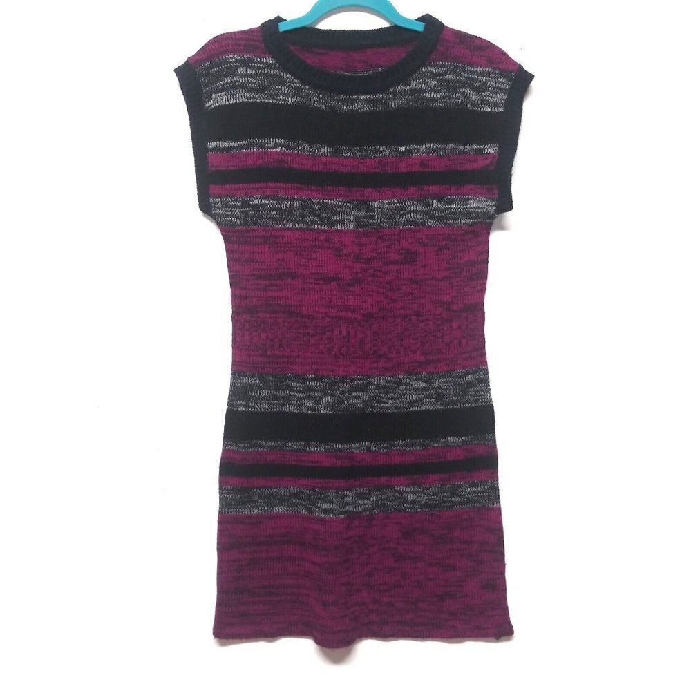 Womens Sweater Dress Sz S/M Multicolor striped plum black gray cap sleeve PRETTY